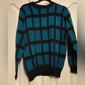 Vintage Women's Teal and Black Patterned Crewneck Sweater